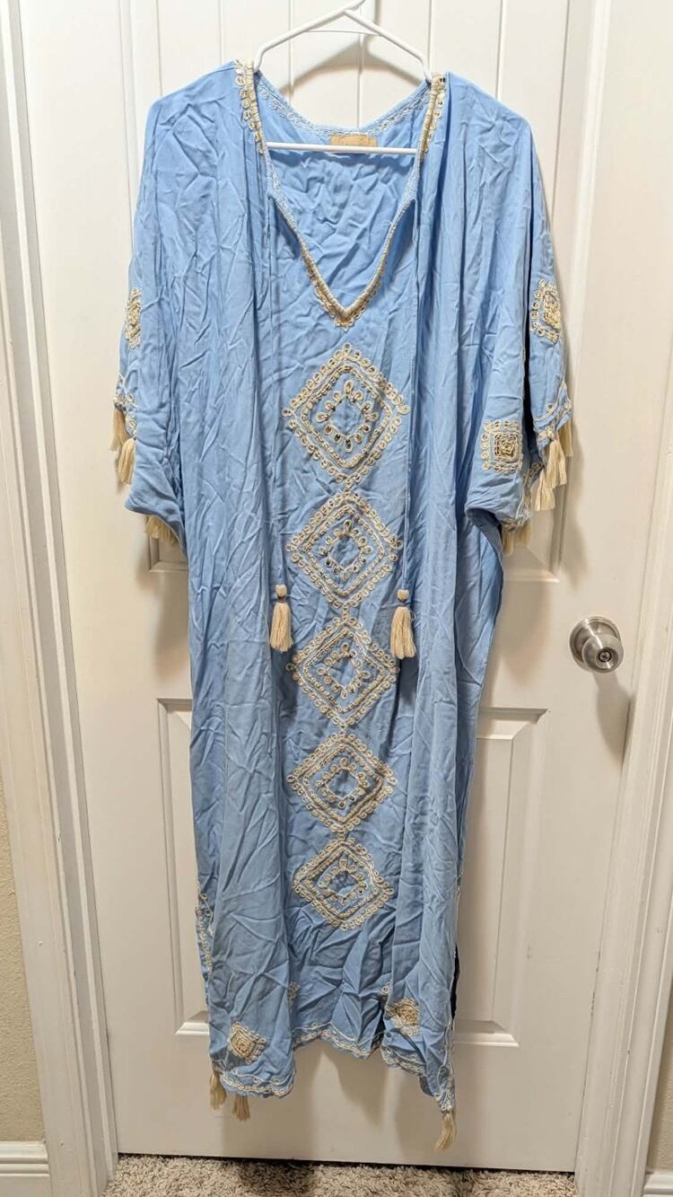 Skemo Light Blue Kaftan Maxi Dress Center Sequin Embroidery Tassels Size L